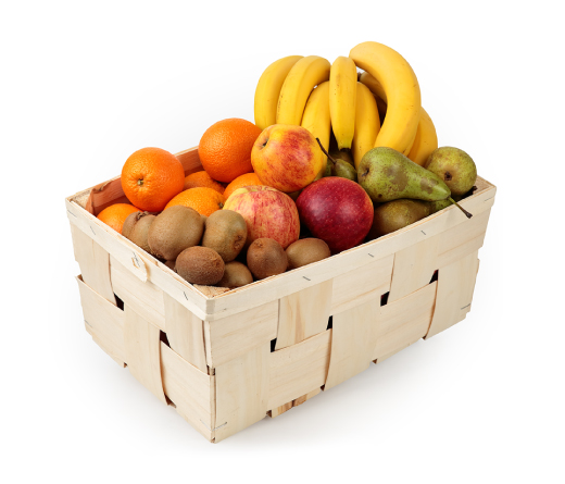vaisiai biure: kriaušės, obuoliai, bananai, apelsinai, kiviai