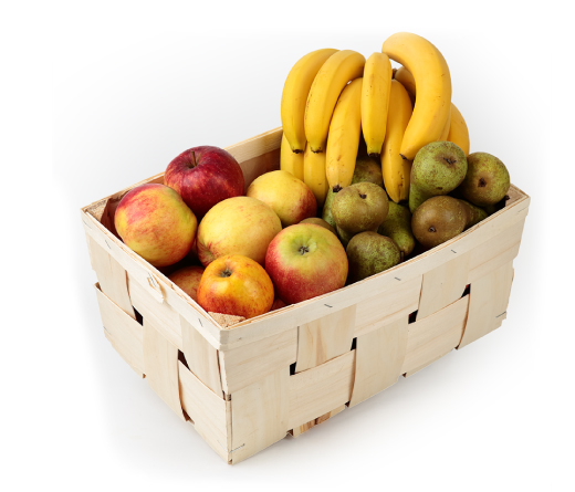 vaisiai biure: kriaušės, obuoliai, bananai